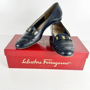 Ferragamo Vintage Dark Blue Leather Low Heel Gold Buckle Loafers 8.5AA Narrow