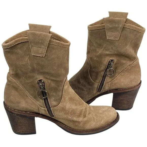 Fiorentini   Baker Tan Italian Suede Leather Heeled Western Ankle Boots Size 38