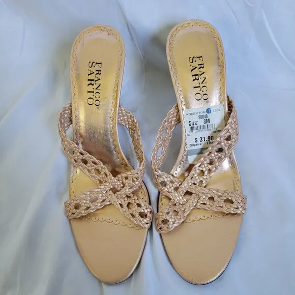 Franco Sarto Bronze Metallic Open Toe Woven Braided Slip On Heel Sandals Size 8
