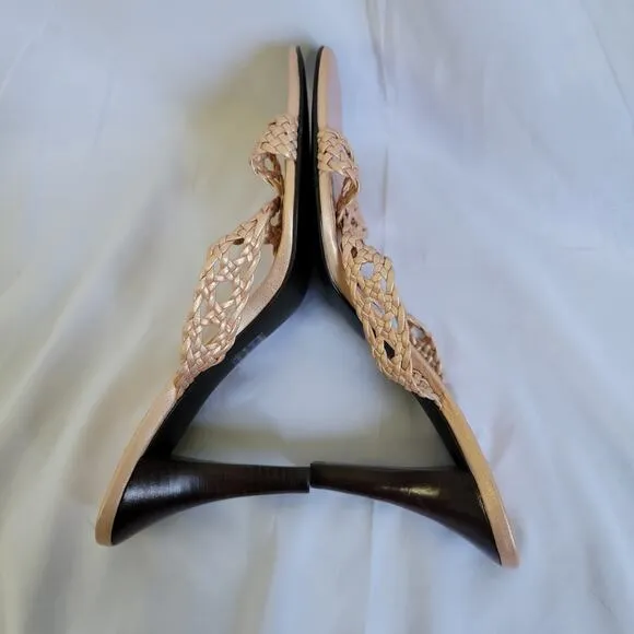 Franco Sarto Bronze Metallic Open Toe Woven Braided Slip On Heel Sandals Size 8