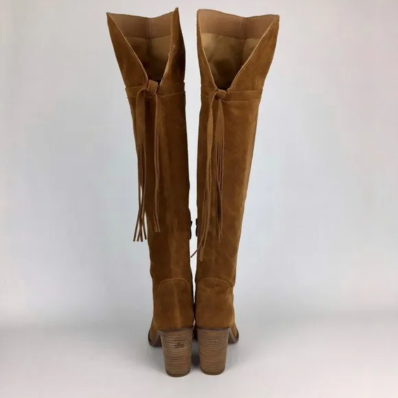 Franco Sarto Elnora Cognac Suede Over The Knee OTK Fringe Boots 6.5