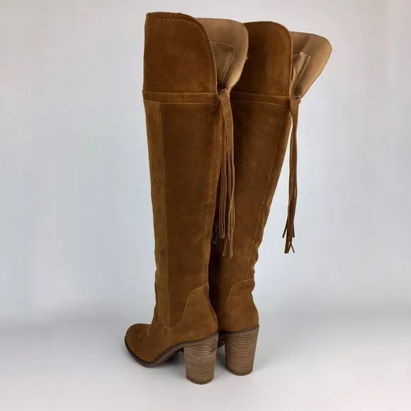 Franco Sarto Elnora Cognac Suede Over The Knee OTK Fringe Boots 6.5