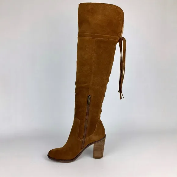 Franco Sarto Elnora Cognac Suede Over The Knee OTK Fringe Boots 6.5