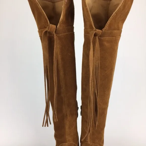 Franco Sarto Elnora Cognac Suede Over The Knee OTK Fringe Boots 6.5