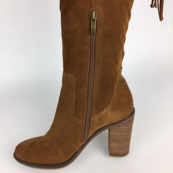Franco Sarto Elnora Cognac Suede Over The Knee OTK Fringe Boots 6.5