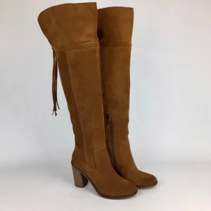 Franco Sarto Elnora Cognac Suede Over The Knee OTK Fringe Boots 6.5