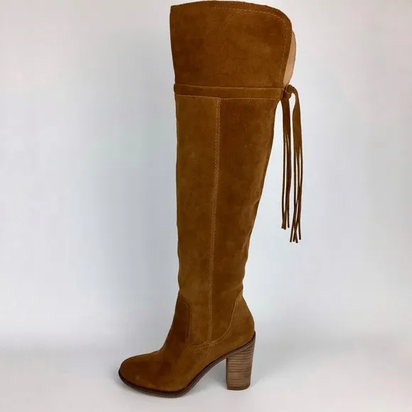 Franco Sarto Elnora Cognac Suede Over The Knee OTK Fringe Boots 6.5
