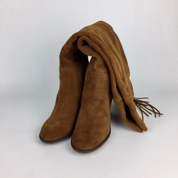 Franco Sarto Elnora Cognac Suede Over The Knee OTK Fringe Boots 6.5