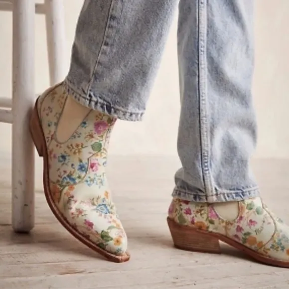 Free People Beau Western Floral Chelsea Ankle Leather Boots in Ivory