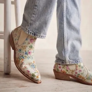 Free People Beau Western Floral Chelsea Ankle Leather Boots in Ivory