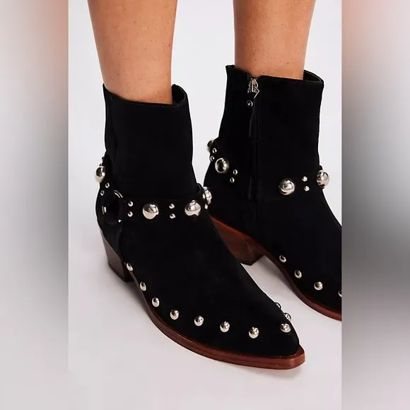 Free People Black Amelia Studded Harness Western Cowboy Moto Boots Shoes sz 9