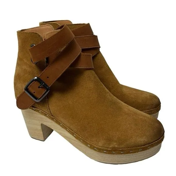 Free People Bungalow Wooden Clog Boots Tan Suede FP Collection 51050722 Size 10