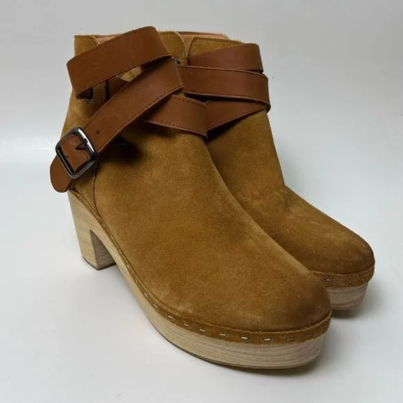 Free People Bungalow Wooden Clog Boots Tan Suede FP Collection 51050722 Size 10