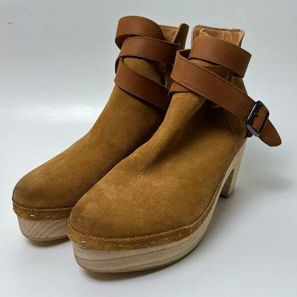 Free People Bungalow Wooden Clog Boots Tan Suede FP Collection 51050722 Size 10
