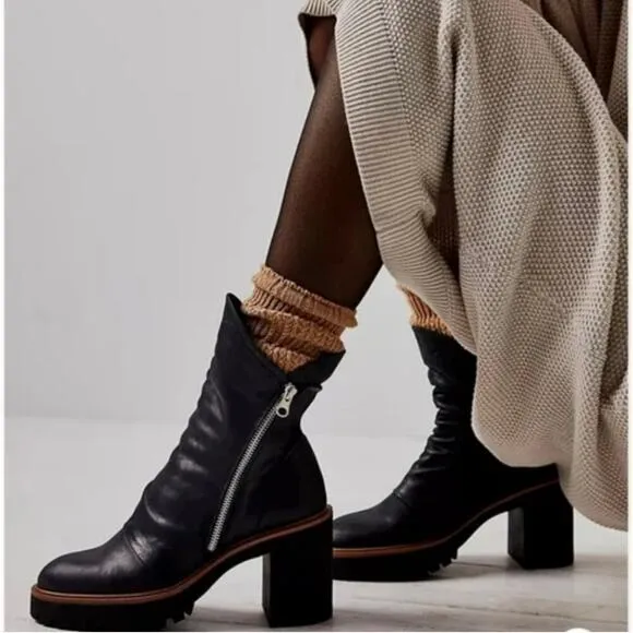 Free People Jack Zip Ankle Boots Black Leather Pull-On Block Heel Sz 37 US 7