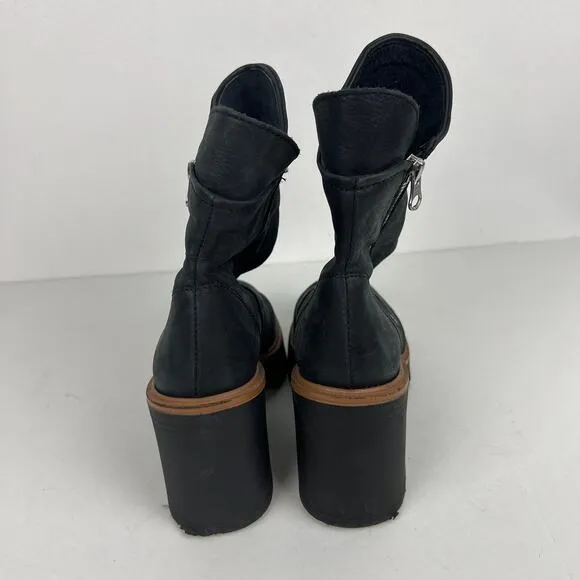 Free People Jack Zip Ankle Boots Black Leather Pull-On Block Heel Sz 37 US 7
