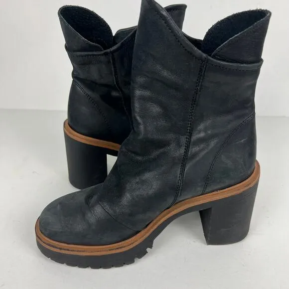 Free People Jack Zip Ankle Boots Black Leather Pull-On Block Heel Sz 37 US 7