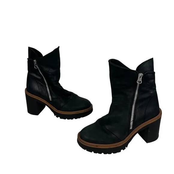 Free People Jack Zip Ankle Boots Black Leather Pull-On Block Heel Sz 37 US 7