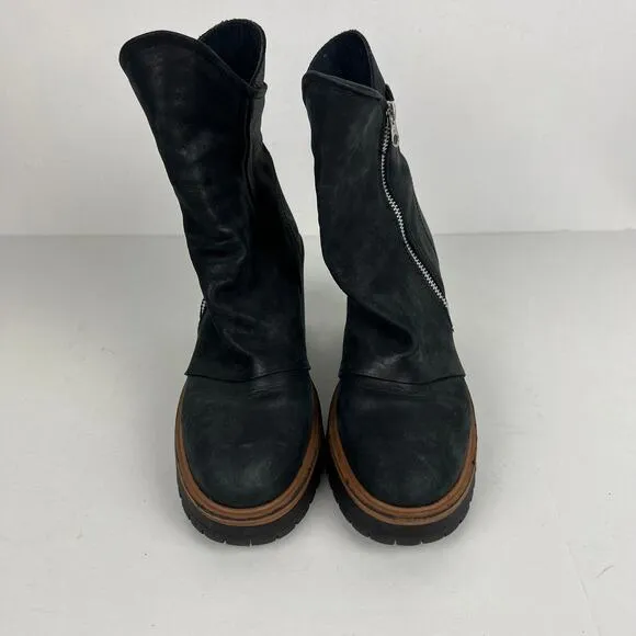 Free People Jack Zip Ankle Boots Black Leather Pull-On Block Heel Sz 37 US 7