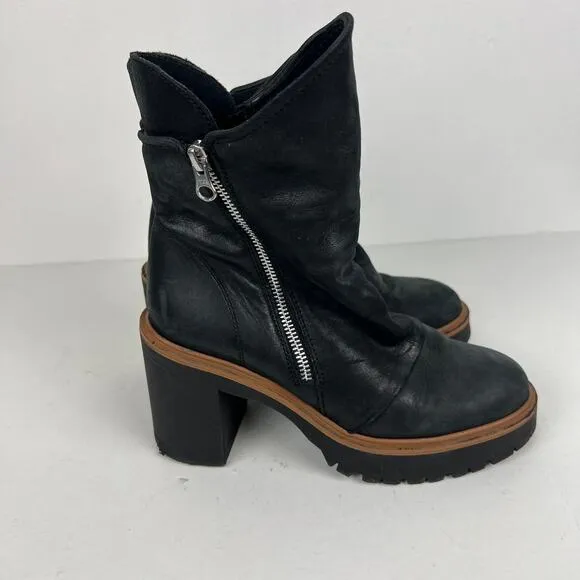 Free People Jack Zip Ankle Boots Black Leather Pull-On Block Heel Sz 37 US 7
