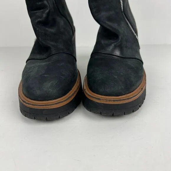 Free People Jack Zip Ankle Boots Black Leather Pull-On Block Heel Sz 37 US 7