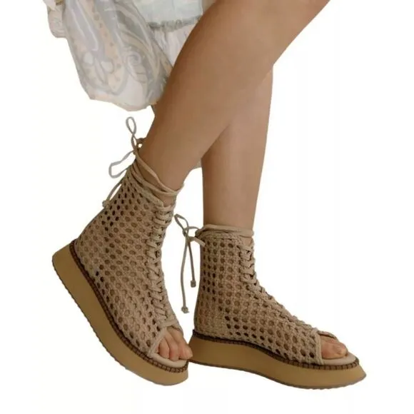Free People‎ Luca Lace Up Sandals Women's 7 Woven Suede Tan Gladiator NIB