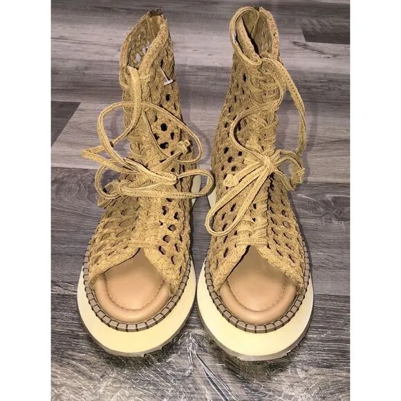 Free People‎ Luca Lace Up Sandals Women's 7 Woven Suede Tan Gladiator NIB