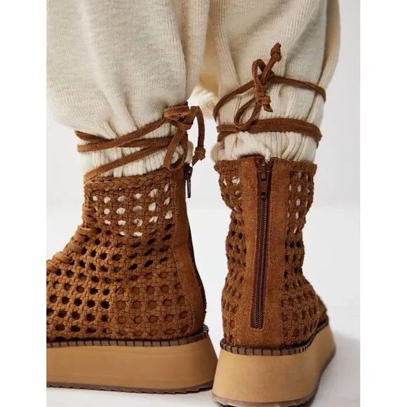 Free People‎ Luca Lace Up Sandals Women's 7 Woven Suede Tan Gladiator NIB