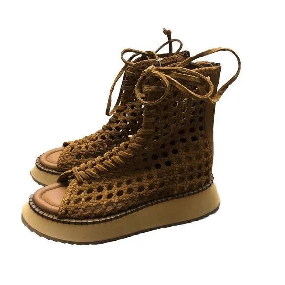 Free People‎ Luca Lace Up Sandals Women's 7 Woven Suede Tan Gladiator NIB
