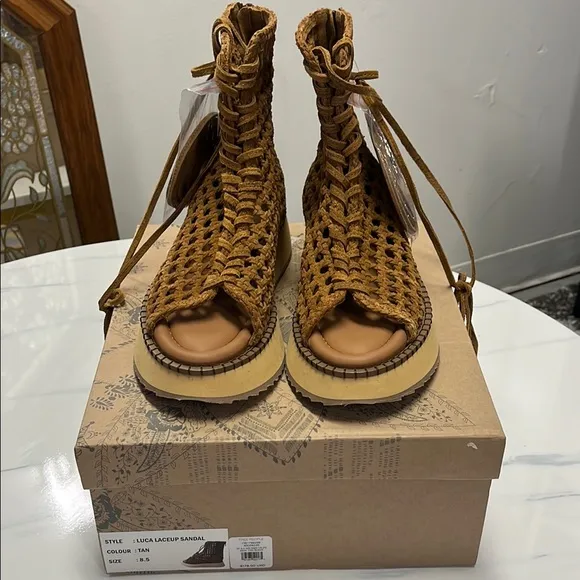 Free People Luca Laceup Sandals Tan Size 8.5
