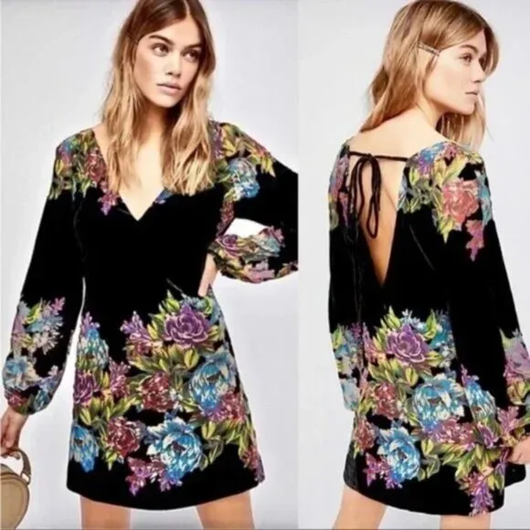 Free People Misha Burnout Velvet Floral Mini Dress Black Combo