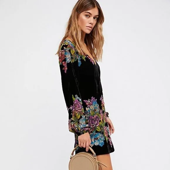 Free People Misha Burnout Velvet Floral Mini Dress Black Combo