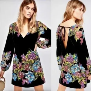 Free People Misha Burnout Velvet Floral Mini Dress Black Combo