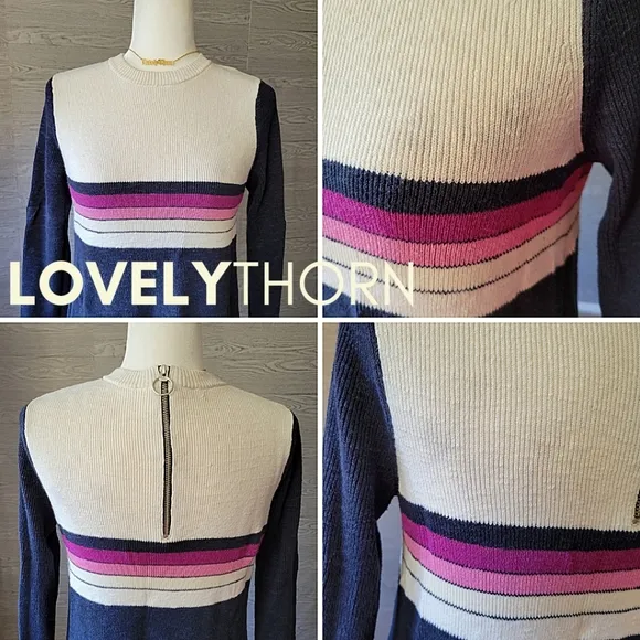 FREE PEOPLE // retro-chic color block stripe long sleeve knit sweater mini dress