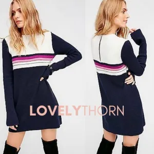 FREE PEOPLE // retro-chic color block stripe long sleeve knit sweater mini dress