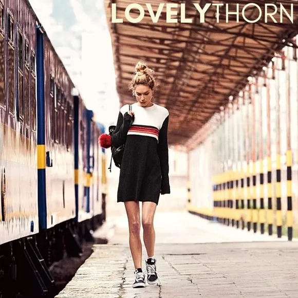 FREE PEOPLE // retro-chic color block stripe long sleeve knit sweater mini dress