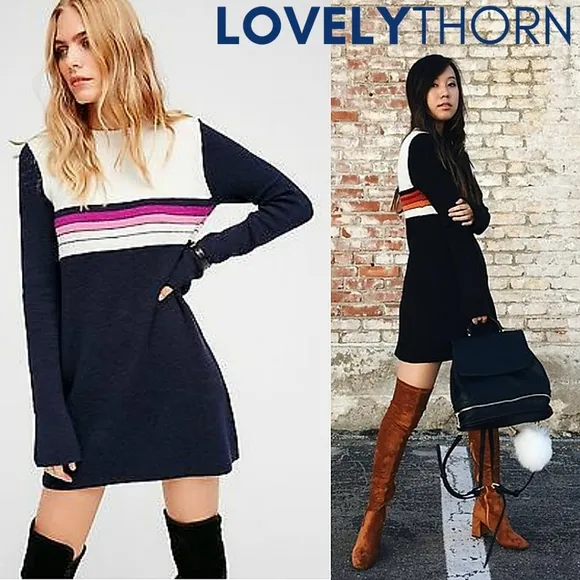 FREE PEOPLE // retro-chic color block stripe long sleeve knit sweater mini dress