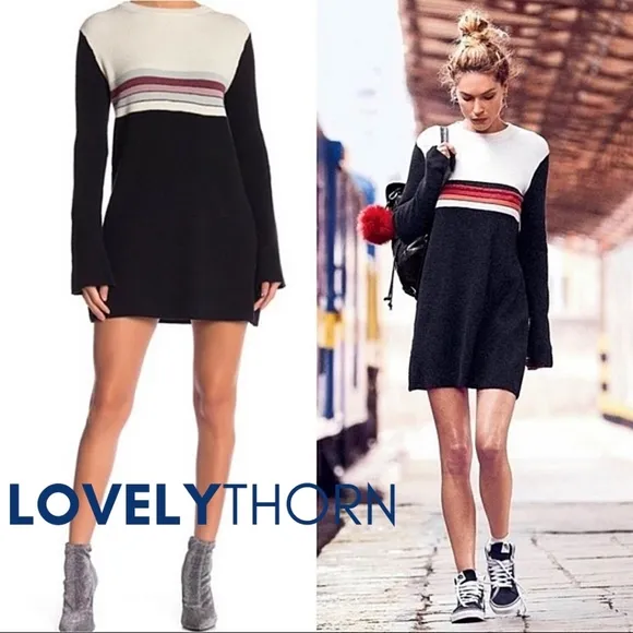 FREE PEOPLE // retro-chic color block stripe long sleeve knit sweater mini dress