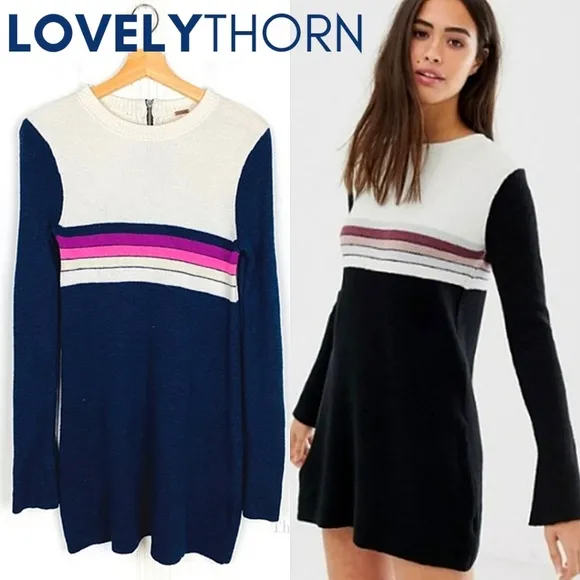 FREE PEOPLE // retro-chic color block stripe long sleeve knit sweater mini dress