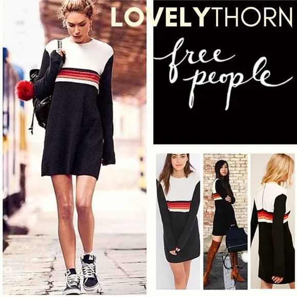 FREE PEOPLE // retro-chic color block stripe long sleeve knit sweater mini dress