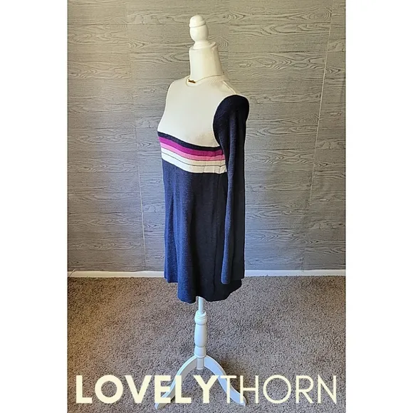 FREE PEOPLE // retro-chic color block stripe long sleeve knit sweater mini dress
