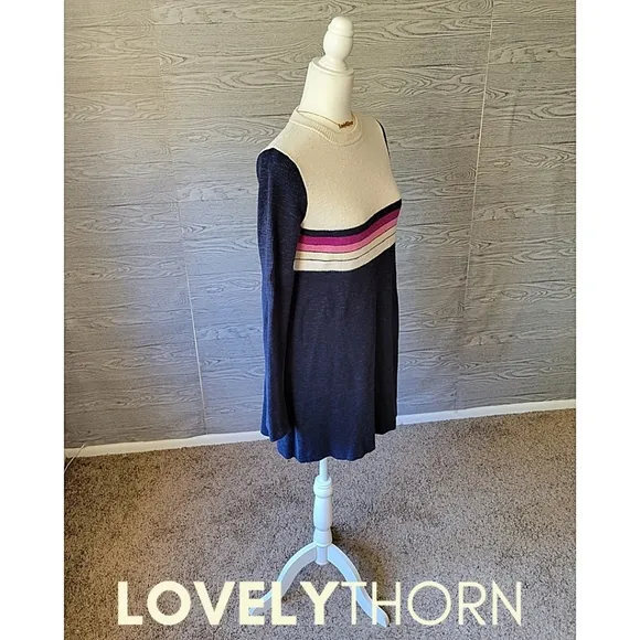 FREE PEOPLE // retro-chic color block stripe long sleeve knit sweater mini dress
