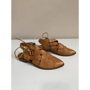 Free People Sandals Women Size 8.5 Destino Brown Woven Leather Flats Lace-Up