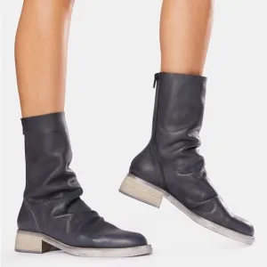 Free People Sutton Tight Slouch Black Leather Boots Stacked Heel 39 9 EUC!