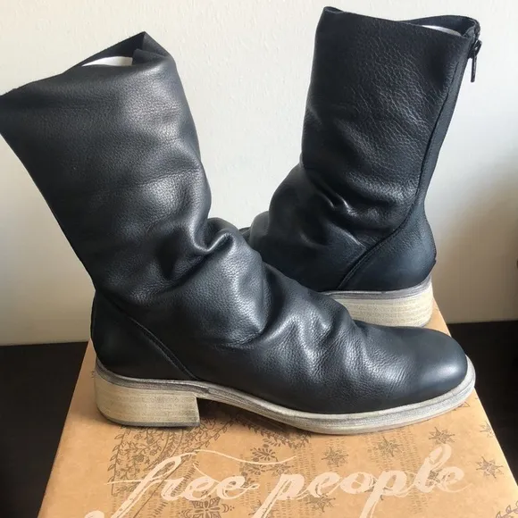 Free People Sutton Tight Slouch Black Leather Boots Stacked Heel 39 9 EUC!