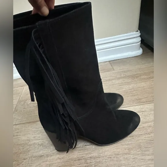 Free People Wild Rose Black Suede Leather Fringe Mid-Calf Slouch Boots