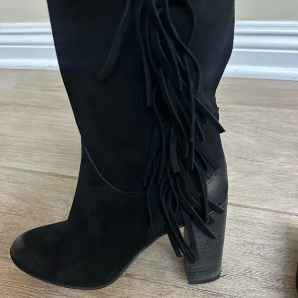 Free People Wild Rose Black Suede Leather Fringe Mid-Calf Slouch Boots