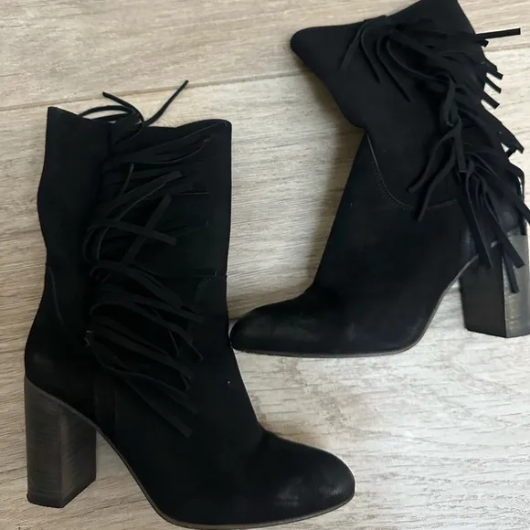Free People Wild Rose Black Suede Leather Fringe Mid-Calf Slouch Boots