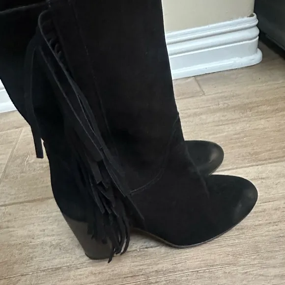 Free People Wild Rose Black Suede Leather Fringe Mid-Calf Slouch Boots