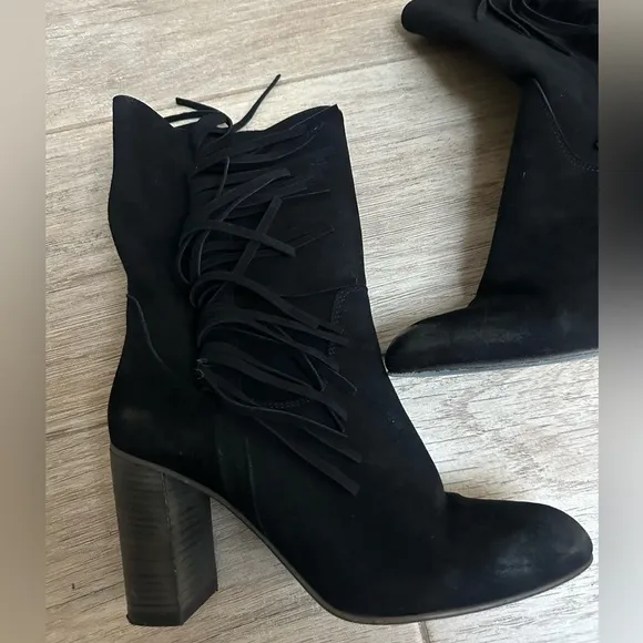 Free People Wild Rose Black Suede Leather Fringe Mid-Calf Slouch Boots